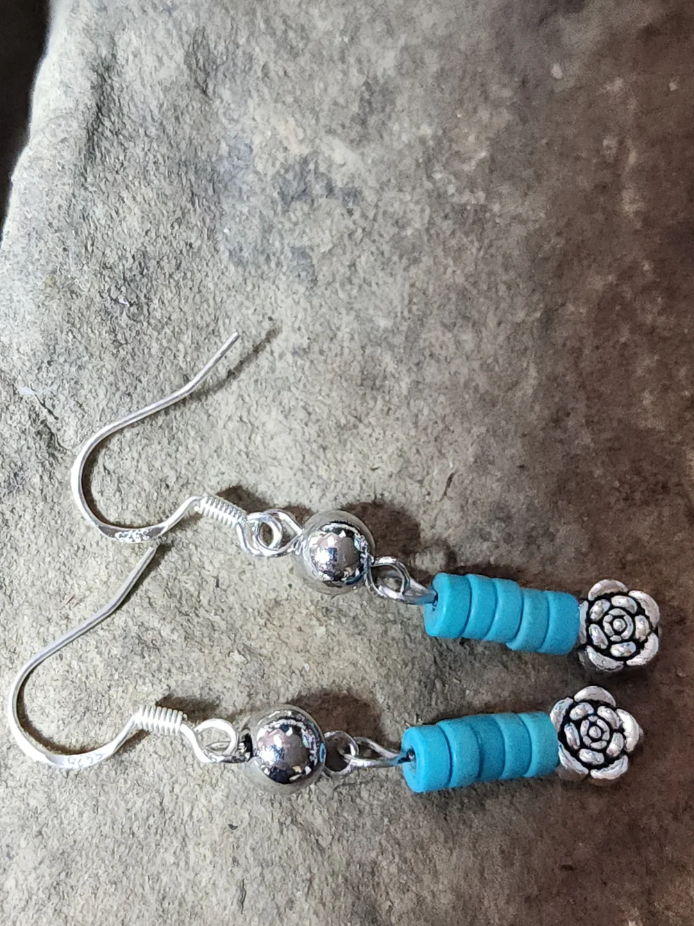 Hand Crafted Dangle Earrings With Silver Toned Balls & Faux Turquoise Beads
